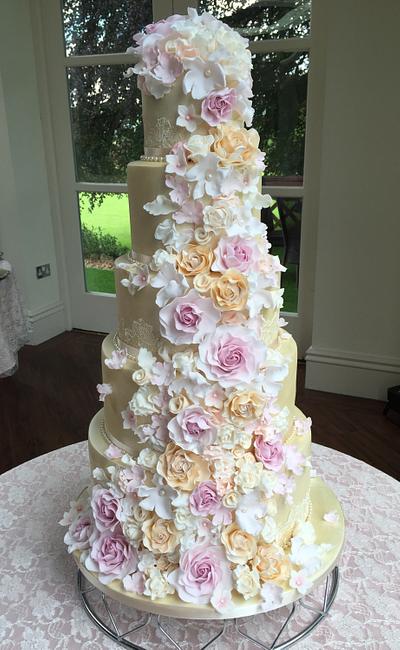 5 tier cascading roses & lustre wedding cake - Cake by Tickety Boo Cakes