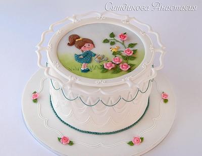 The girl watering roses - Cake by Anastasia