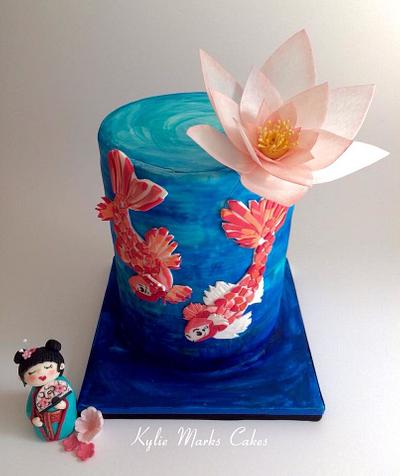Mosaic koi, watercolur and wafer paper lotus - Cake by Kylie Marks