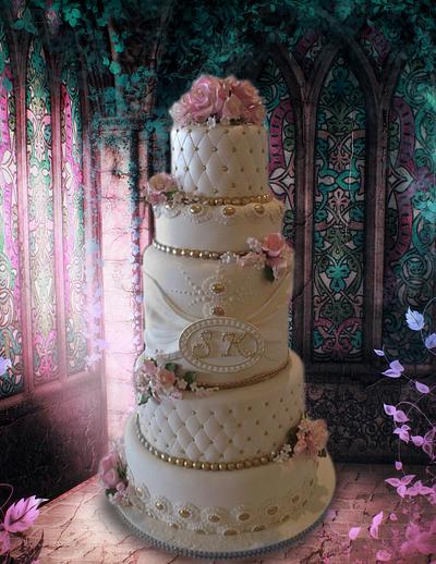WHITE AND GOLD WEDDING CAKE WITH PINK ROSES - Cake by MsTreatz