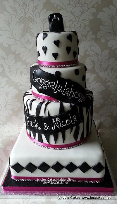 Four Tier Black, White and Pink Engagement Cake - Cake by Jo's Cakes