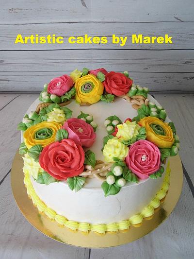 Hand piped buttercream flowers.  - Cake by Marek