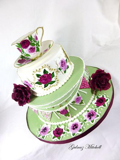 Free Hand Painted English High Tea Party cake with hand painted cup and saucer. - Cake by Gulnaz Mitchell