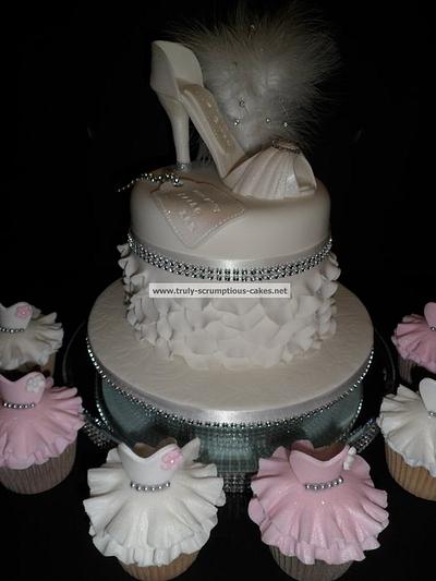 Diamante Shoe cake with dress cupcakes - Cake by Emma Stewart