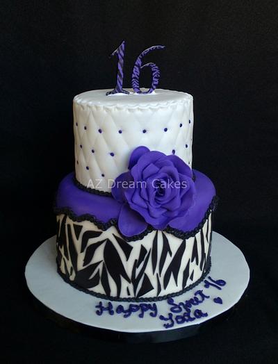 Sweet sixteen white, purple and black zebra print cake - Cake by AZDreamCakes
