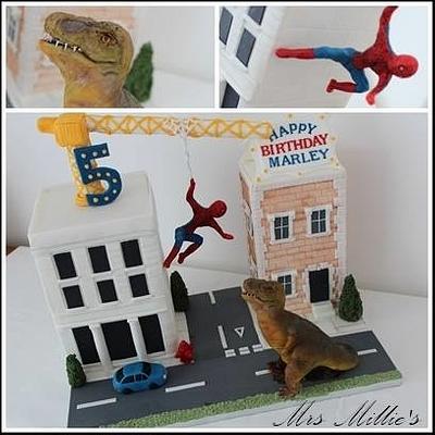 Spiderman v T-Rex - Cake by Mrs Millie's