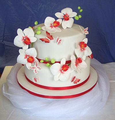 Red and White orchid cake with Butterflies - Cake by Elizabeth Miles Cake Design