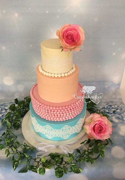 Lace & Pearl Pastel Wedding Cake - Cake by Kay Cassady