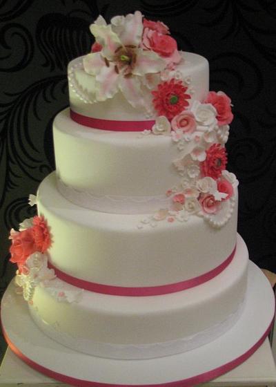 pink and white floral wedding cake - Cake by dazzleliciouscakes