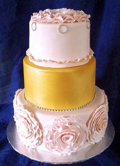 pink and gold wedding cake with large frill flower - Cake by elisabethscakes