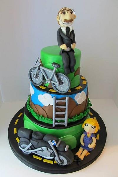 50th Birthday Mountain, Motorcycle, & Bike Cake  - Cake by Denise Frenette 