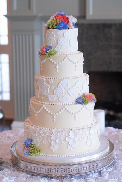 Elegant Fondant Lace and Buttercream Wedding Cake - Cake by Heather