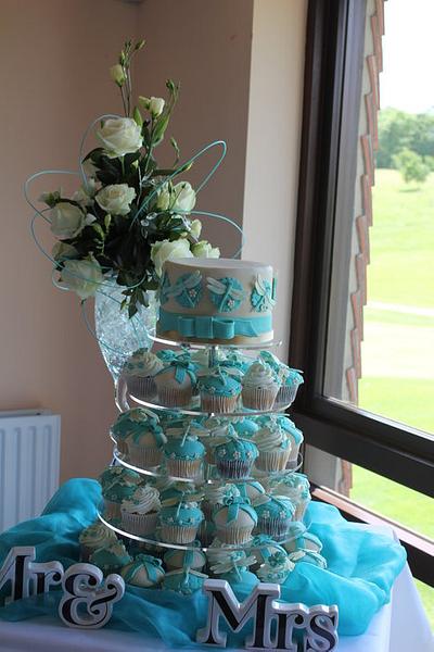 Caramel and Teal Dragonfly cake and cupcakes - Cake by Cakes o'Licious