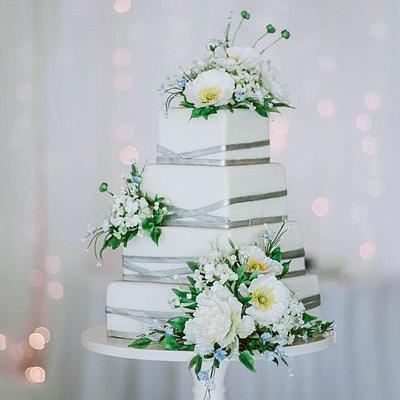 Modern Square/ Silver Sugar Flower Wedding Cake - Cake by Alex Narramore (The Mischief Maker)