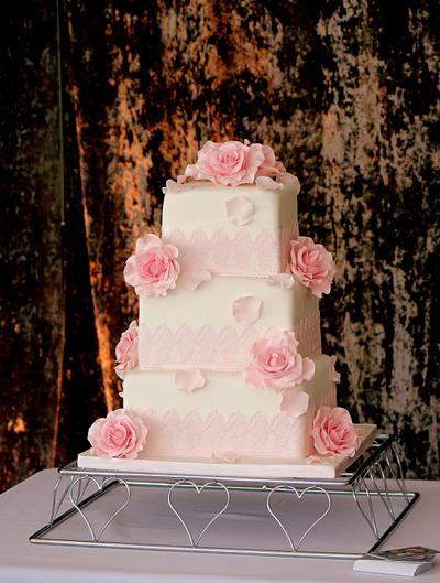 Pink roses and edible lace wedding cake - Cake by Dorota/ Dorothy