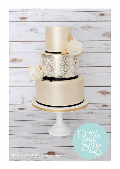 Gold Lustre, Silver Leaf & Damask Wedding Cake - Cake by cutmeoffaslice