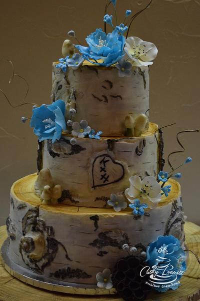 Aspen Bark Wedding Cake with Blue Floral - Cake by Cathy Leavitt