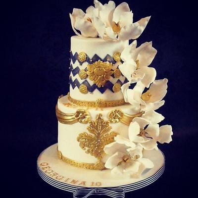 Blue, white and gold birthday cake - Cake by Dee