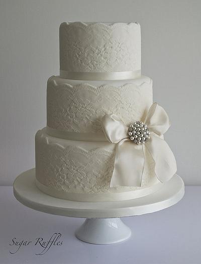 Lace Wedding Cake with Vintage Style Brooch - Cake by Sugar Ruffles