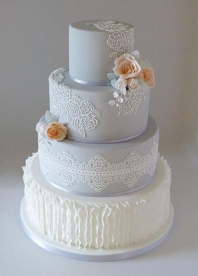 Grey and peach lace wedding cake - Cake by Angel Cake Design