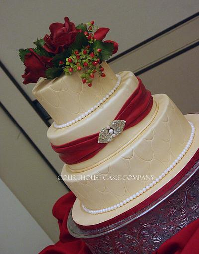 Gold with Claret Roses for Colonial Williamsburg - Cake by CourtHouse Cake Company