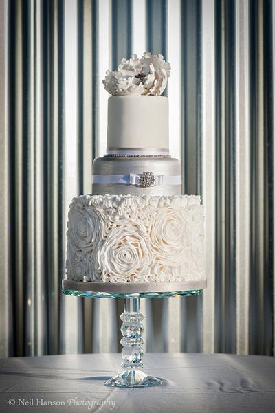 White Rose Ruffle and Silver Peony Wedding Cake - Cake by Samantha Tempest