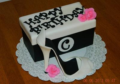 Shoe box cake w/gum paste shoe and flowers. - Cake by Maureen