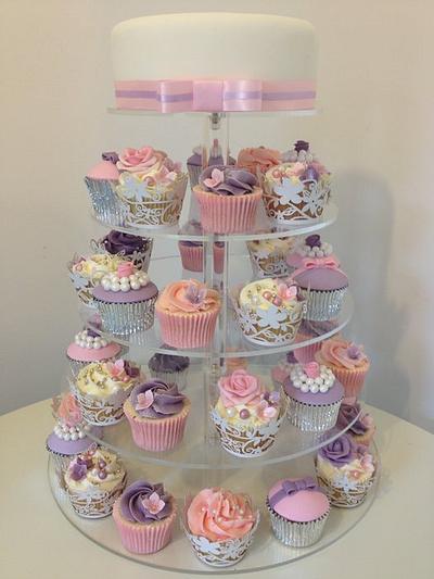 Wedding Cupcake Tower in Pink & Purples with top cutting cake - Cake by Cheryl Witcombe Thomas