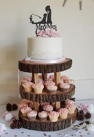 Peony and lace wedding cake and cupcakes - Cake by Angel Cake Design