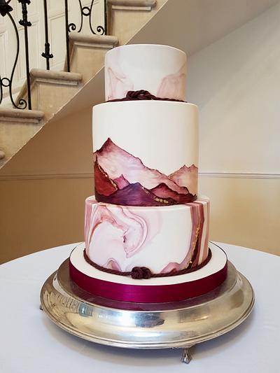 Rose Gold and Burgundy Wedding Cake with Handmade Sugar Rose Leaves   Berries  rCAKEWIN