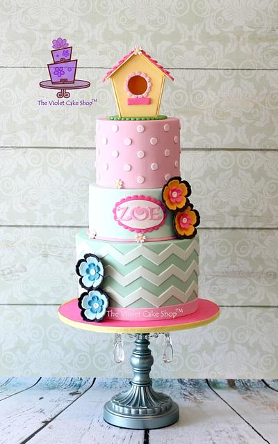 BIRDHOUSE Topper on a Polka Dots and Chevron Pastel Cake - Cake by Violet - The Violet Cake Shop™