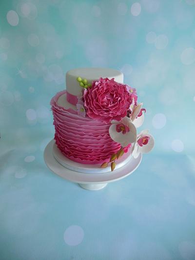 A Pink Cake With Ruffles And Flowers - Cake by SweetDeluxe77