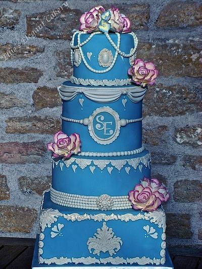 Blue vintage wedding cake with pink edged sugar roses - Cake by Ellie @ Ellie's Elegant Cakery