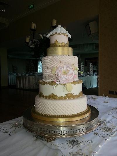 Pink and Gold Wedding Cake with Lovebirds - Cake by Suzanne Moloney
