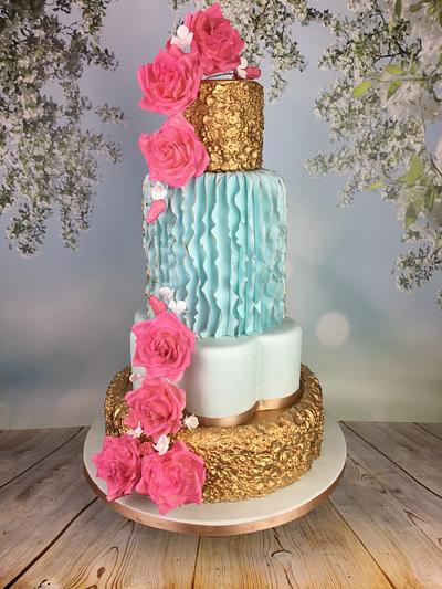 Vertical ruffles, pink roses and gold  wedding cake  - Cake by Melanie Jane Wright