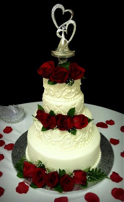 White Wedding Cake with Fresh Roses - Cake by Angel Rushing