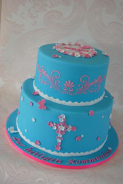 Holy Communion Cake- Blue&Pink - Cake by Torteneleganz