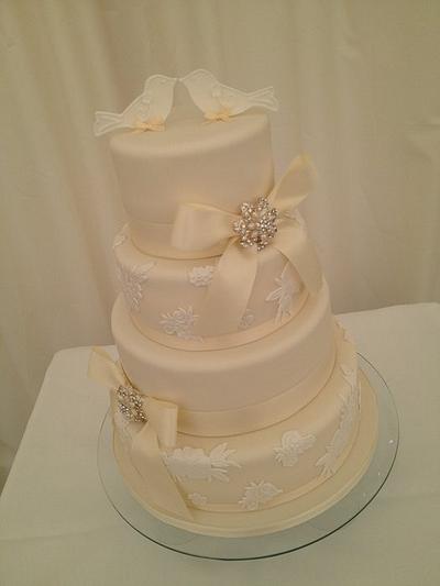 4 Tier Elegant Lace Applique, Satin Ribbon Bows with Diamonte & Pearl Brooches & Love Birds - Cake by Cheryl Witcombe Thomas