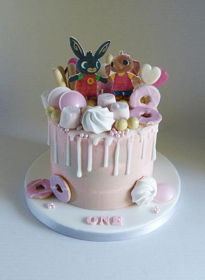 Pink and grey drip cake with Bing and Sula - Cake by Angel Cake Design