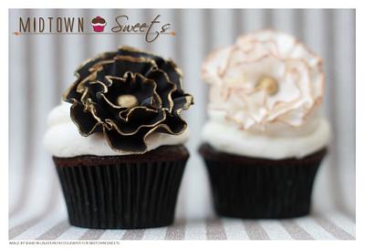 Chocolate Birthday Cupcakes with Black and White Ruffled Fondant Flowers with Gold Trim - Cake by Midtown Sweets