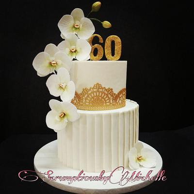 Cascading wafer paper Moth Orchid on white and gold themed cake - Cake by Michelle Chan