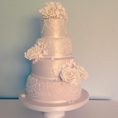 Vintage Lace, Pearls and Ivory Rose Wedding Cake  - Cake by Samantha Tempest