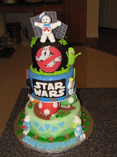 Ghost busters , lego star wars  and Smurfs multi-theme cake - Cake by Deborah