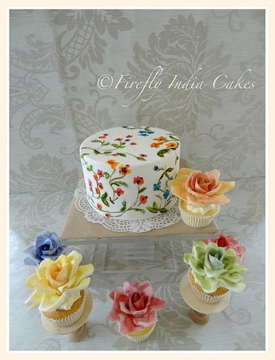 Hand painted cake & 'watercolor' rose cupcakes - Cake by Firefly India by Pavani Kaur