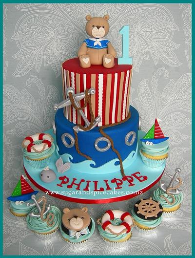 Ahoy! Teddy Sailor Cake & Cupcakes - Cake by Mel_SugarandSpiceCakes