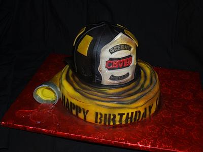 Fireman Helmet Cake with Hose - Cake by BeckysSweets