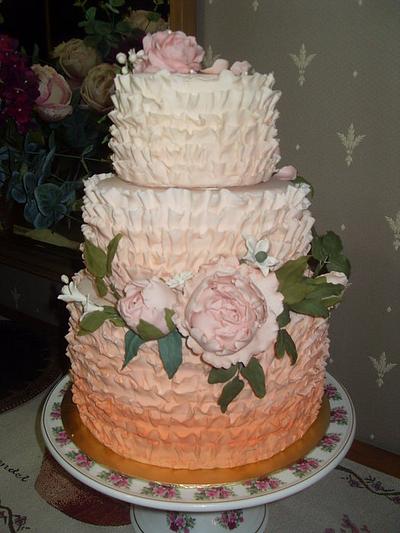 Ombre ruffle wedding cake with sugar paste peonies and roses - Cake by sjewel