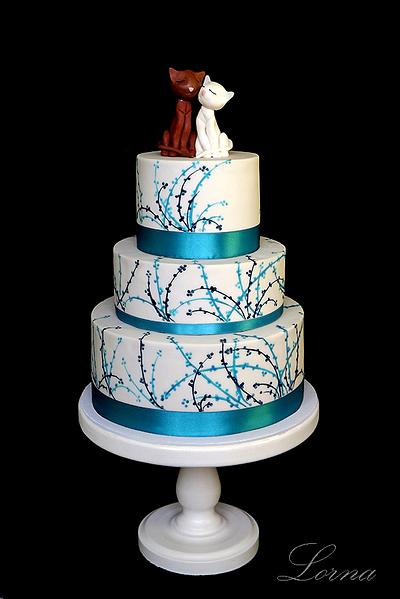 Wedding cake - white & turquoise & cats - Cake by Lorna