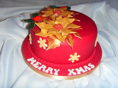 Gold Ponsettia, Holly & Gold Lustred Snowflakes on Burgundy - Cake by Christine