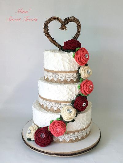 Rustic Wedding Cake with Handmade Crocheted Flowers - Cake by MimisSweetTreats